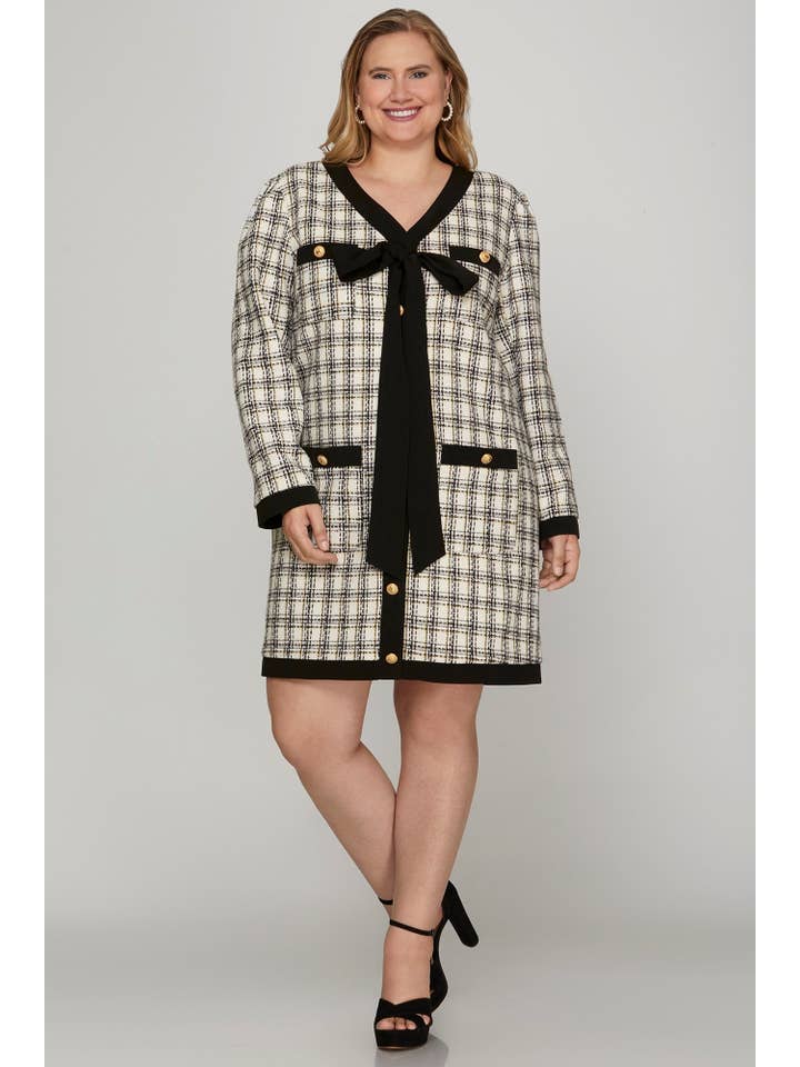 Peace Love Line - Wholesale Dress - Women's - PL4656 PLUS - BUTTON DOWN CONTRAST BOW TWEED DRESS