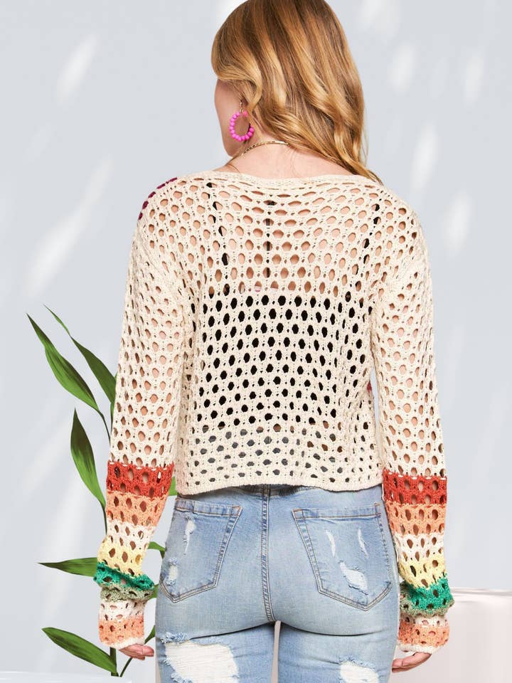 ADORA LA - Wholesale Cardigan - Women's - CESW3408-MULTI COLOR CROCHET CARDIGAN