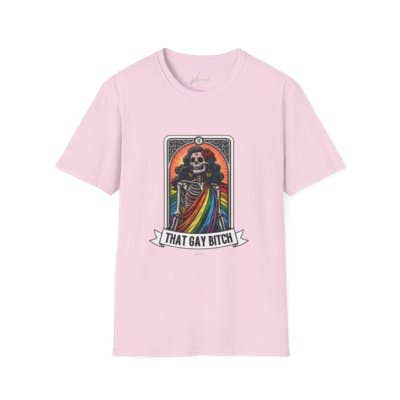 Kennidi Co. – T-shirt estampada - Unissexo por atacado – Aquela Camiseta Unissexo Orgulho Tarot Esqueleto Gay Bitch2