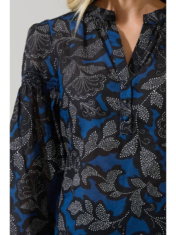NAVY BLACK Aurina Floral Jamille Split Neck Poplin Top for wholesale on Faire