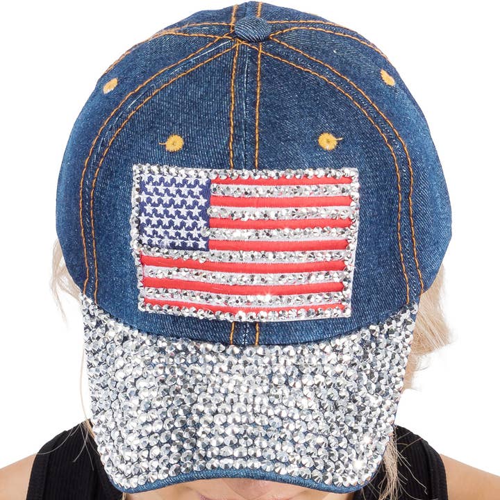 Cap Zone - Wholesale Baseball Cap - Women's - American Flag Bling Patch Denim Baseball Cap