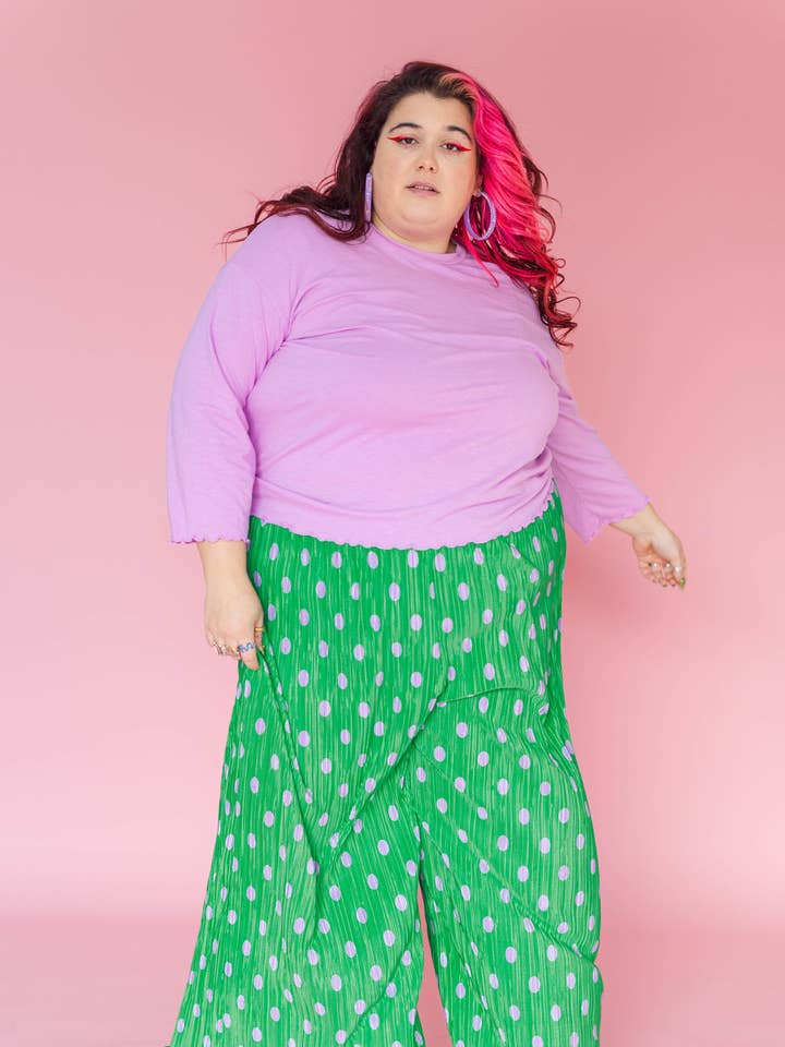 Size Inclusive Green & Purple Polka Dot Pleated Flare Pant for wholesale by Nettle Studios