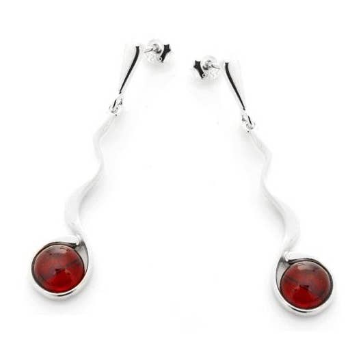 Long round cognac amber earrings, 925 silver for wholesale by OPALOOK France