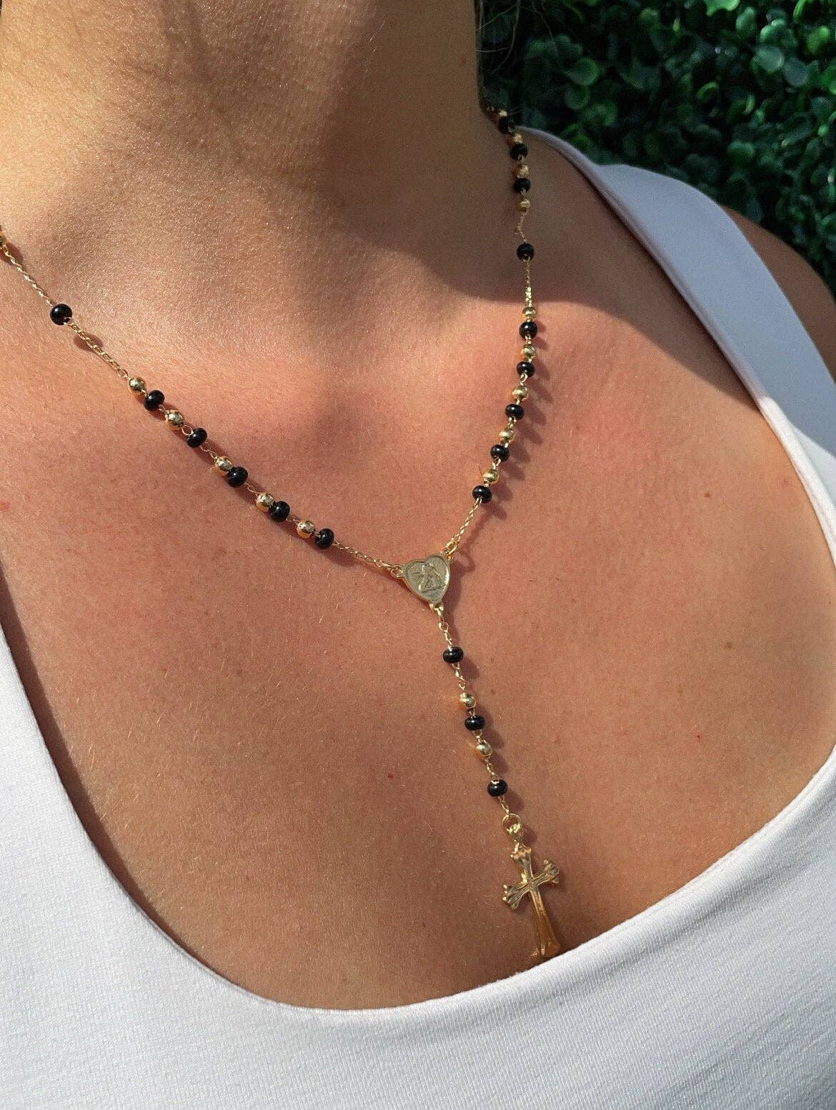 Milie - Wholesale Prayer Beads Necklace - 18k GF Black Beaded Fashion Rosary with Angel3