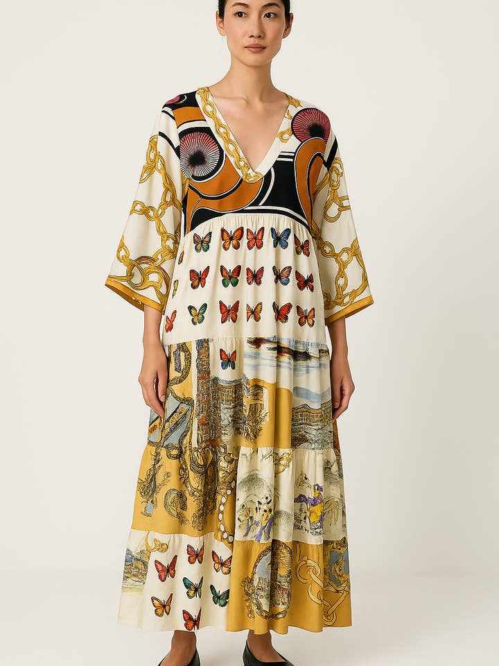 Beige & Co Thai Crafts - Wholesale Dress – Women's - Upcycled Silk Scarf Patchwork Maxi Dress – One-of-a-Kind 4