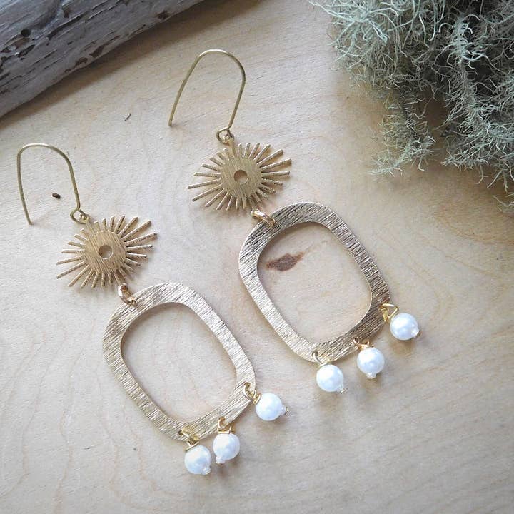 brass sun, ovals and pearls dangle earrings for wholesale by Enchantments by Kathy Welsh