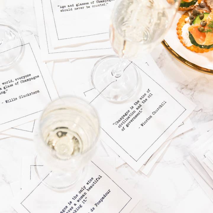 Five Star Napkins Inc. – Engroshandel Engangsserviet – Champagne Citater - Cocktailservietter i hvid bomuld x 50