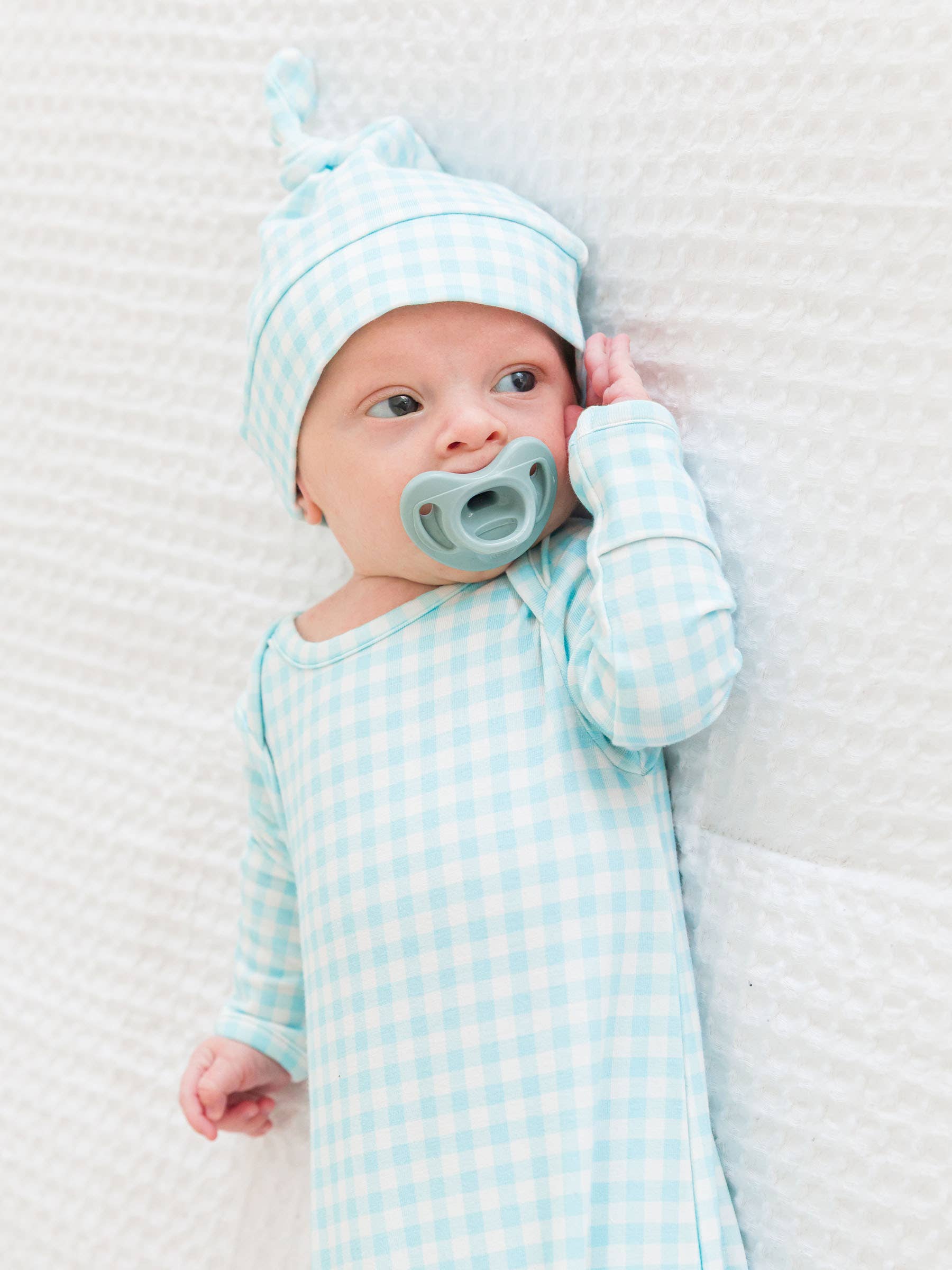 SoftSnooze™ Baby Cotton Modal Blue Breeze Gingham Knotted Sleep Gown & Hat Set for wholesale on Faire7