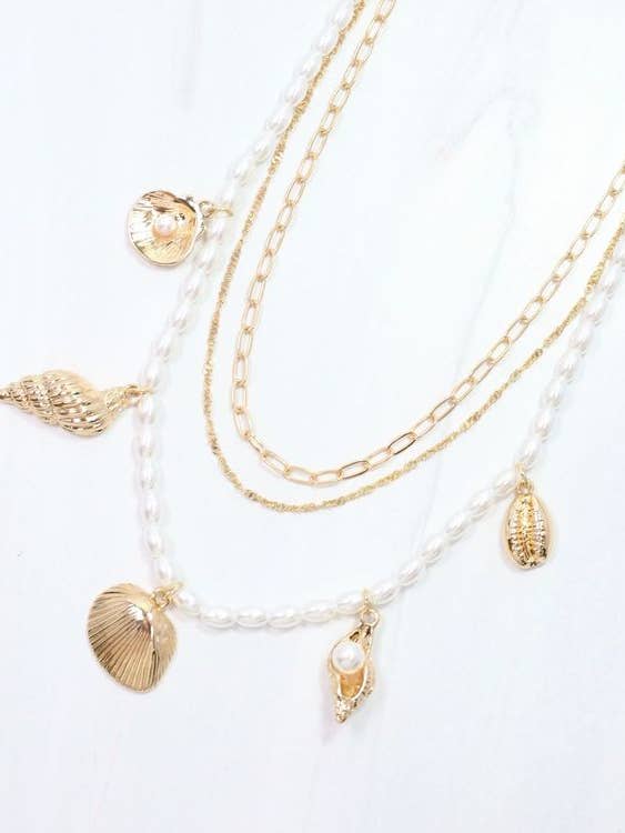 Calm Seas Pearl and Shell Charm Necklace Gold for wholesale by Caroline Hill