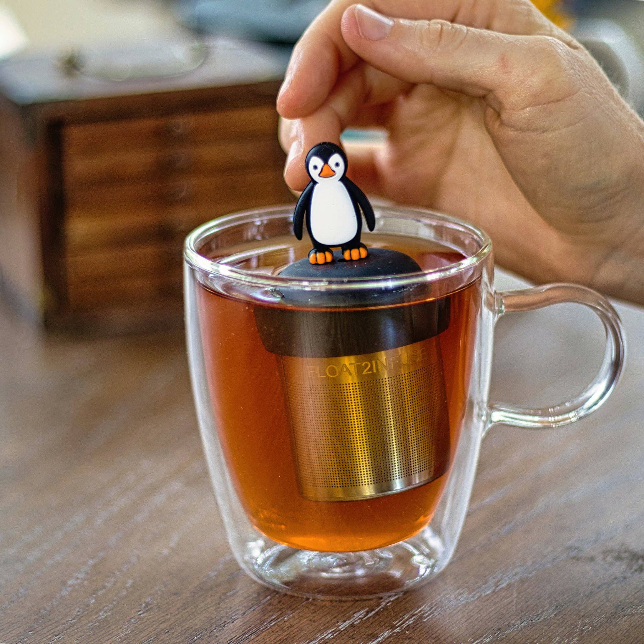 Float2infuse Tea Infuser - Wholesale Tea Strainer/Infuser - Penguin | Floating Tea Steeper | Grey Base | Black & White2