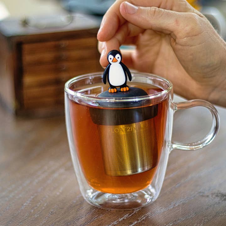 Float2infuse Tea Infuser - Wholesale Tea Strainer/Infuser - Penguin | Floating Tea Steeper | Grey Base | Black & White2