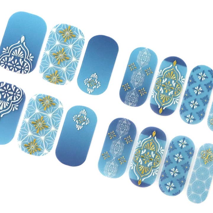 ClebleNails – Engroshandel Negledesign – Boho Blå Ombre Nail Wraps/Gennemsigtig Overlay Blonder Neglestrimler/Eksotisk Blomsterblomst Guld Geometriske Ocean Nail Klistermærker1