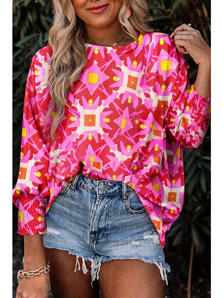 Strawberry Pink Geometric 3/4 Sleeve Blouse for wholesale on Faire