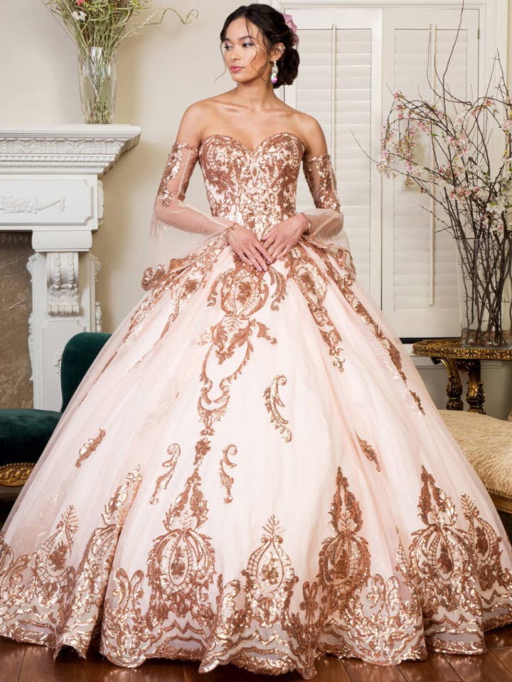 Sequin Embellished Glitter Mesh Quinceanera Dress w/ Detached Mesh Sleeve for wholesale by Tux-USA®