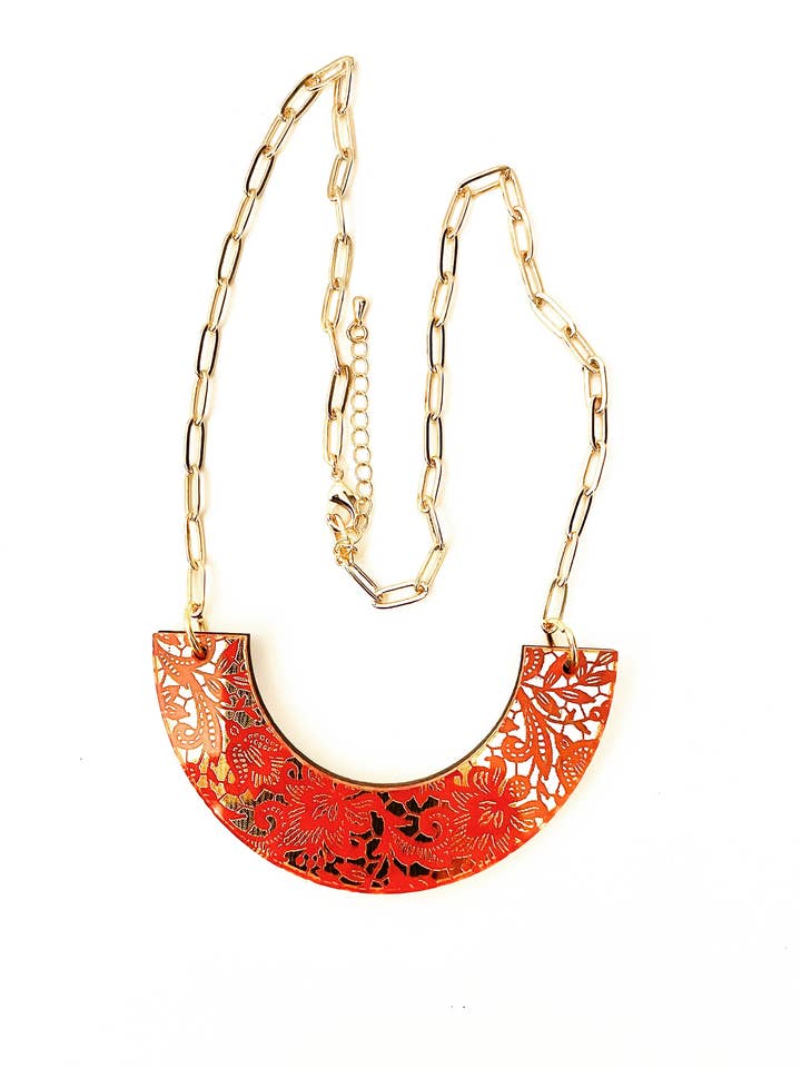 Celtic Bib Necklace, Acrylic & Wood, Lace Pattern 20'' chain for wholesale by Mothú Jewellery