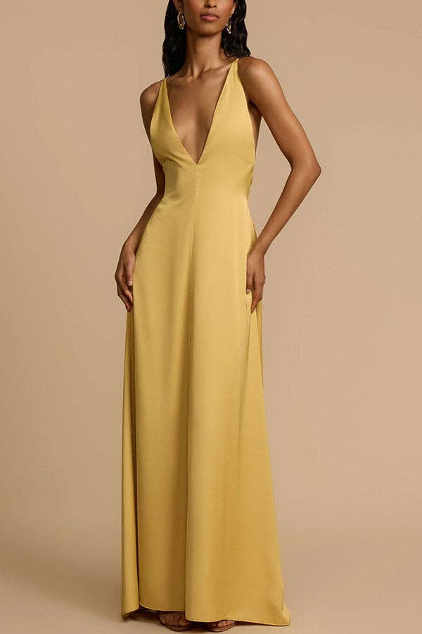 Gold 2025 NEW Summer Sexy Satin Backless VNeck Maxi Dress for wholesale on Faire0