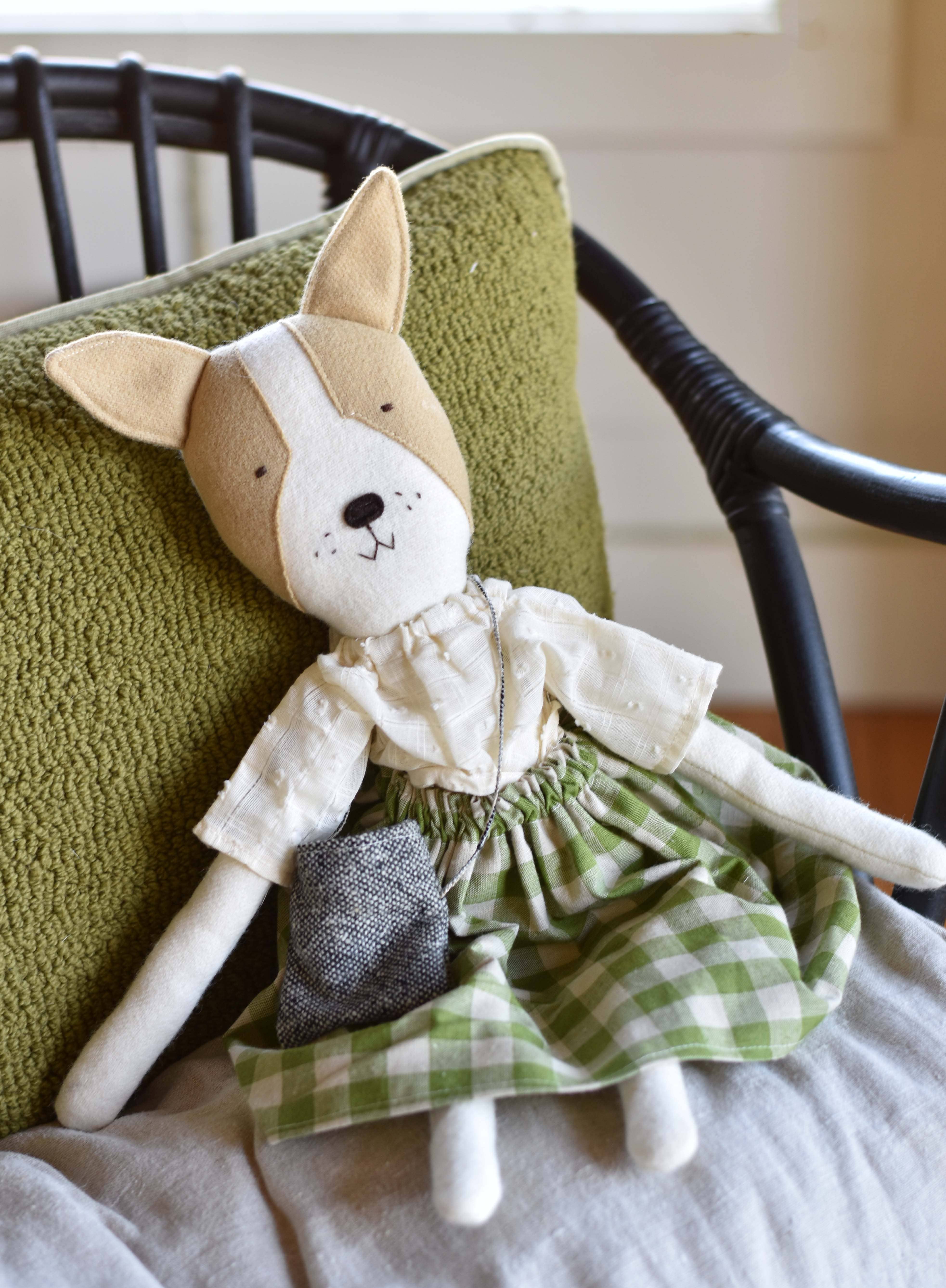 Woolgrass Farm - Wholesale Stuffed/Plush Toy - Kids & Baby - Fig the Frenchie Dog - Gingham Skirt - Handmade Wool Doll4