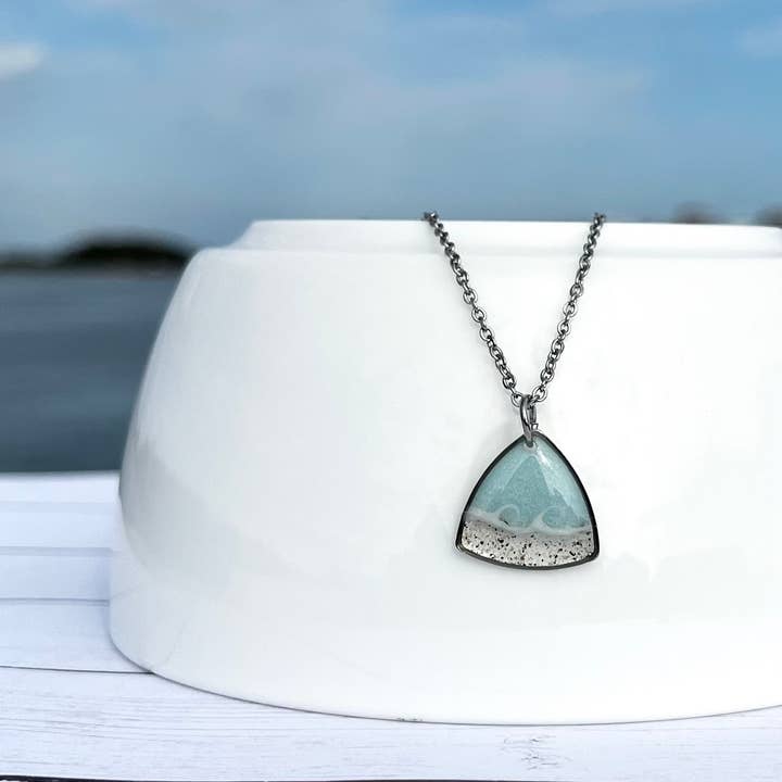 Custom Sand Necklace | Triangle | Hand Painted Wave | Silver for wholesale by Sandy Beaches Shop