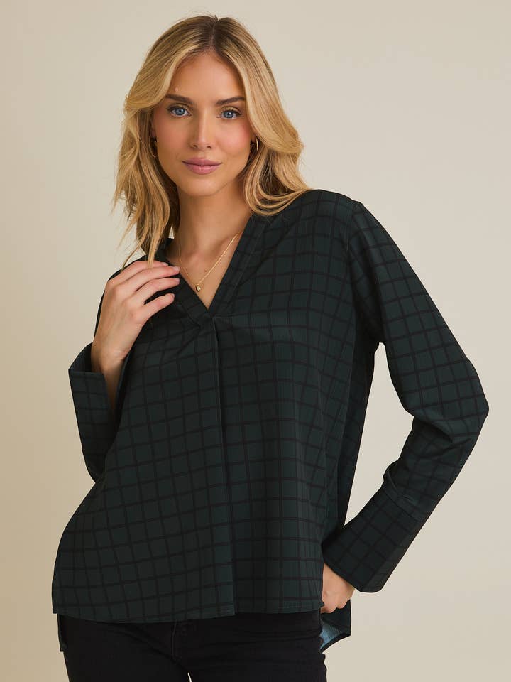 NOTCH NECK LONG SLEEVE FLARE HEM BLOUSE for wholesale by GILLI