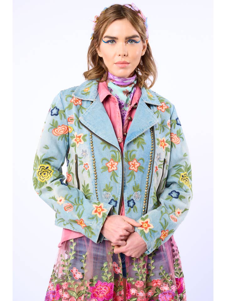 Lucinda Embroidered Denim Motorcycle Jacket for wholesale on Faire
