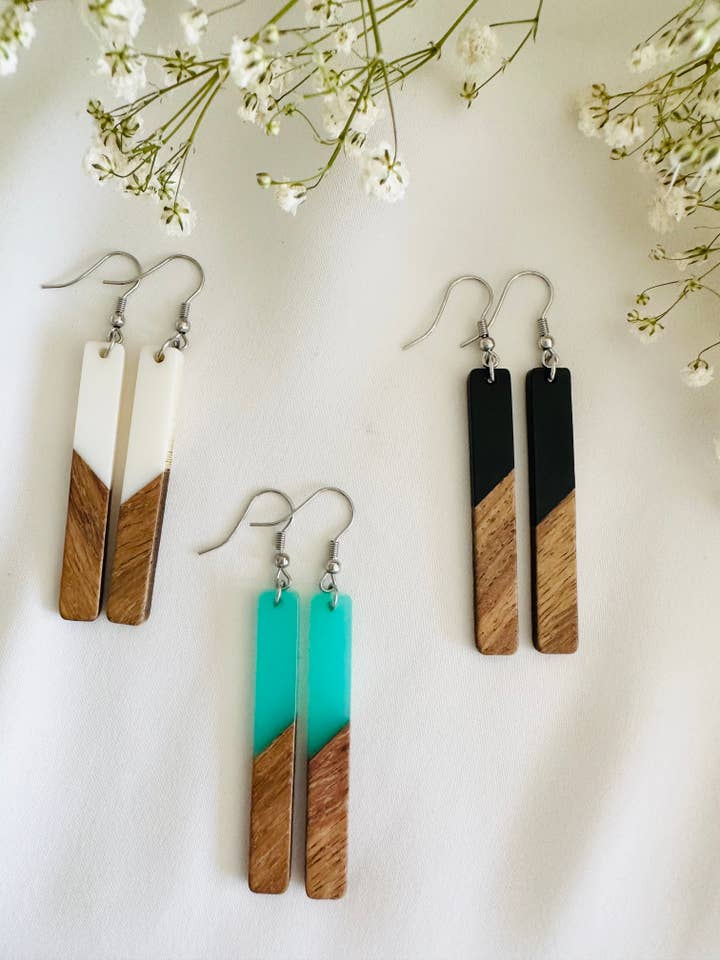 Wood and resin bar earrings, gold plated hooks for wholesale by BuidesignCo