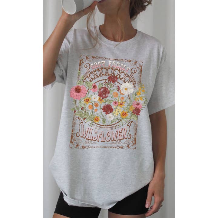 Kissed Apparel - Wholesale Screen Printed T-Shirt - Women's - Retro Grow Freely Wildflower Oversized Graphic Tee