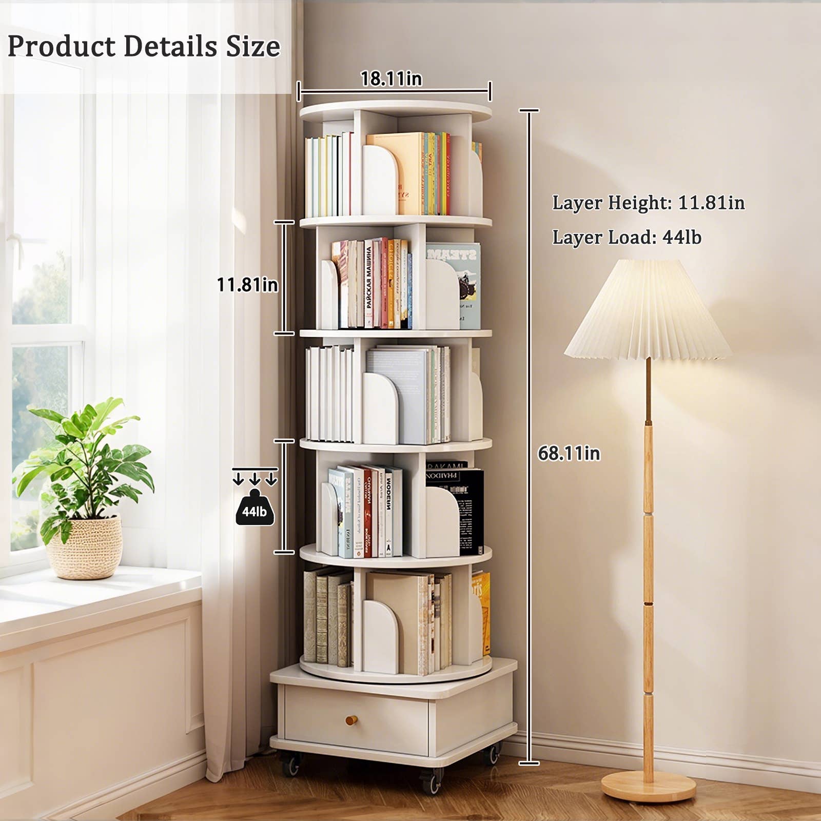 39F Inc. - Wholesale Bookcase - 5/6-Tier 360° Rotating Bookshelf with Drawer, White/Wood27