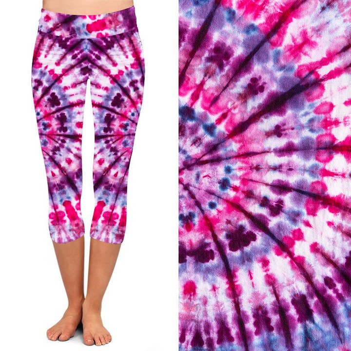 My Legging Company - Wholesale Athletic/Lounge Leggings - Women's - Pink/Purple Tie Dye Capri Leggings