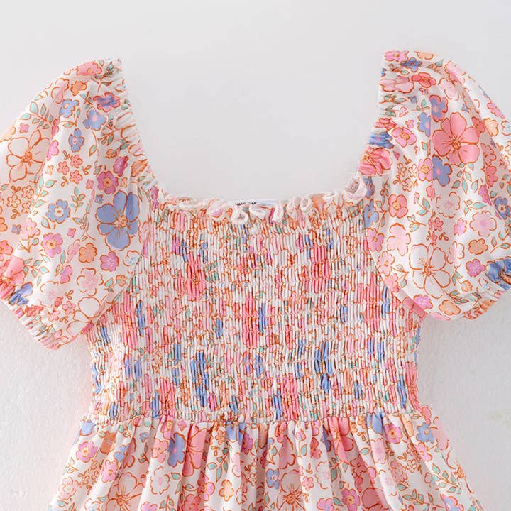 Auraquise - Wholesale Dress - Kids - Girls Summer Easter Floral Print Smocked Dress