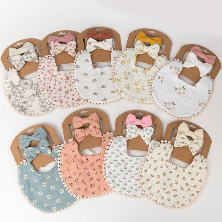 Little Trendy - Wholesale Bib - Baby - Baby Floral cotton Waterproofer Bib and Bows headband Sets