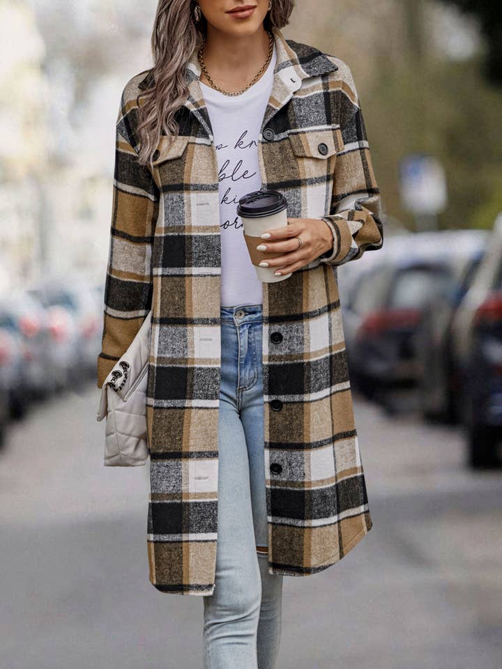 eLook - Vente Manteau – femme - Manteau long boutonné à carreaux SZ1-JK821116