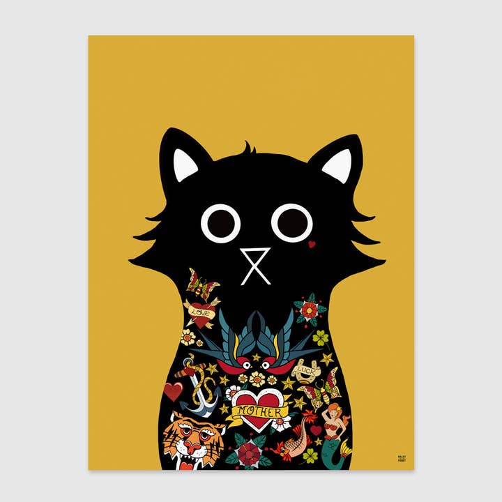 Jerry Cat Wall Art Print, Retro, Tattoo Art, Cat Wall Art for wholesale by Baldy And The Fidget