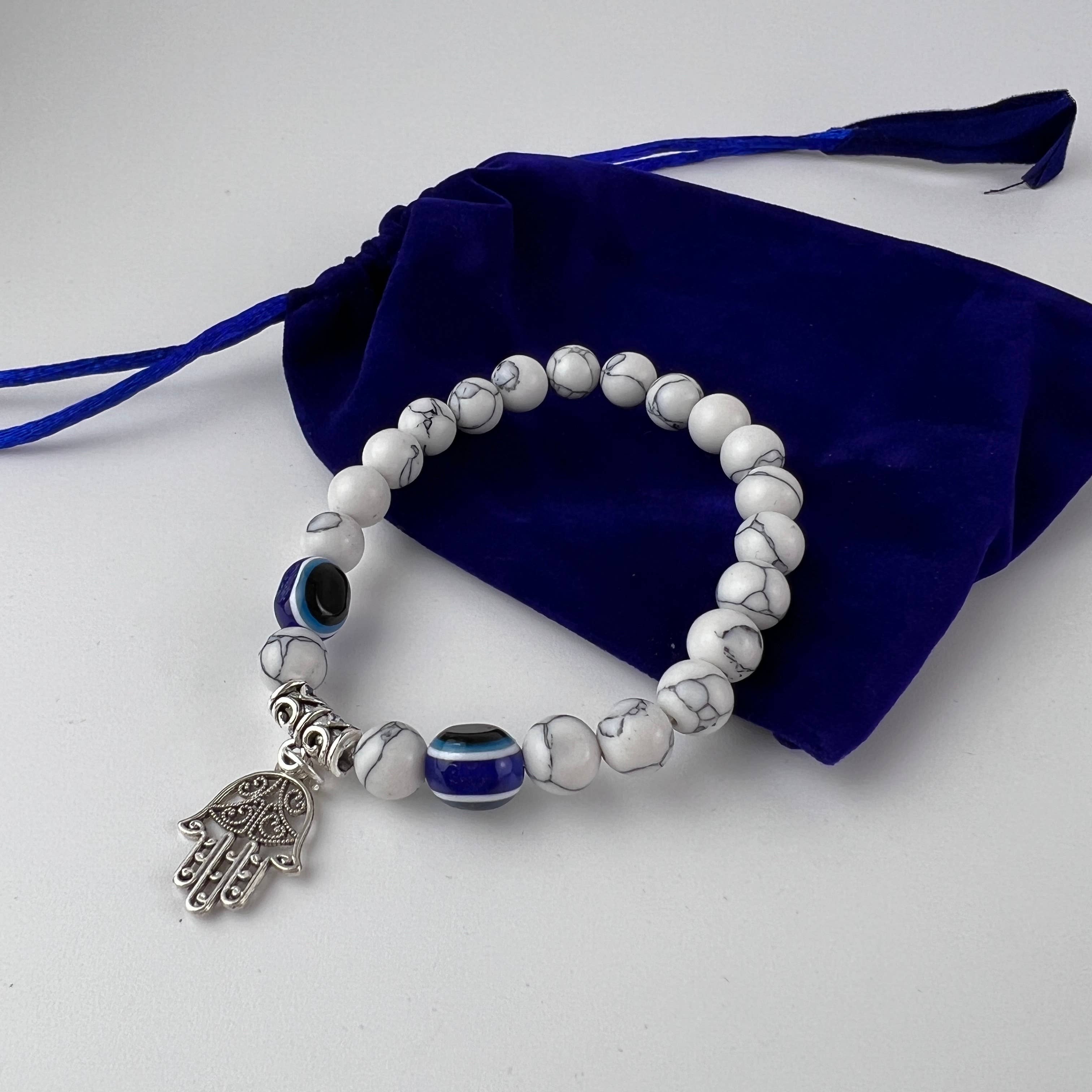 GREENROOTS USA LLC – wholesale Charm/dangle bracelet – Hamsa Hand Evil Eye W/ Howlite Bracelet W/ Velvet Bag3