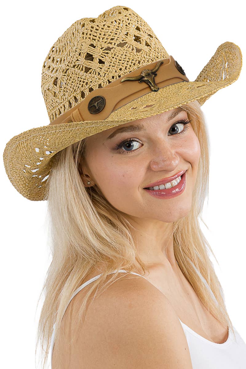 Cap Zone – Großhandel Cowboyhut – Damen – Gehäkelter Cowboyhut mit Longhorngürtel und Quarterhorse0