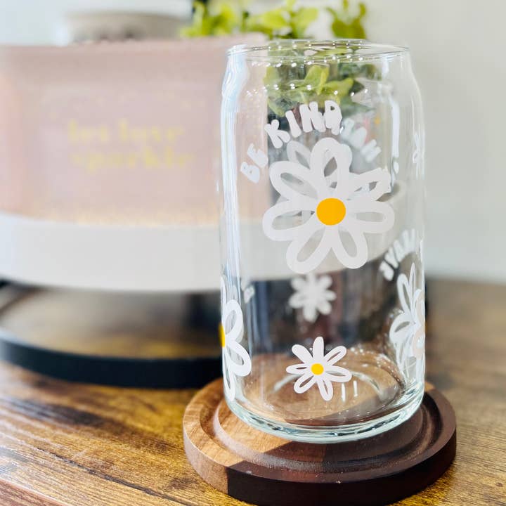 Be Kind, Be Brave, Be Happy Daisy Can Glass Cup for wholesale by Charlotte Nadine Creations