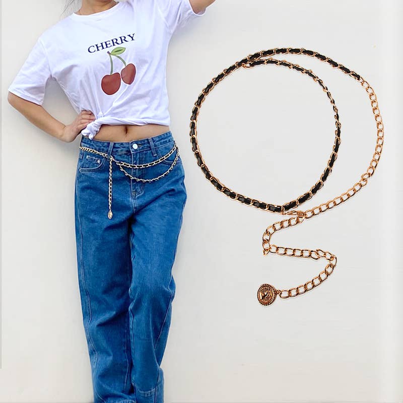 NOIR Chaîne de taille en cuir avec pendentif en métal en forme de silhouette humaine en vente sur Faire1