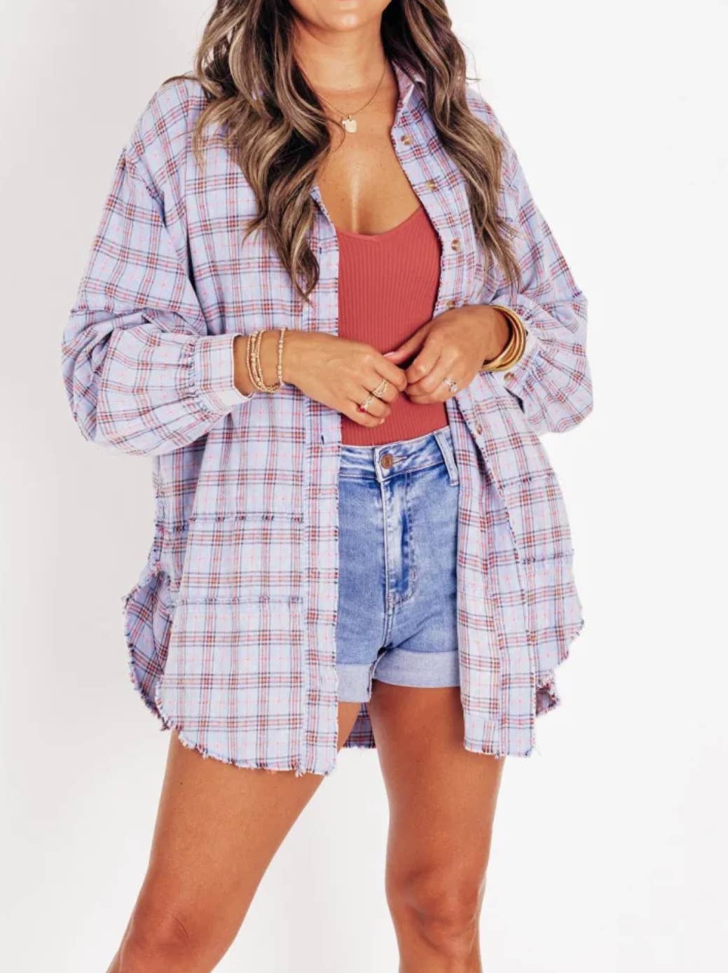 Rosa Clothing - Wholesale Shirt - Women's - Oversize Button Down Raw Edge Plaid Shirt 8 Colors9