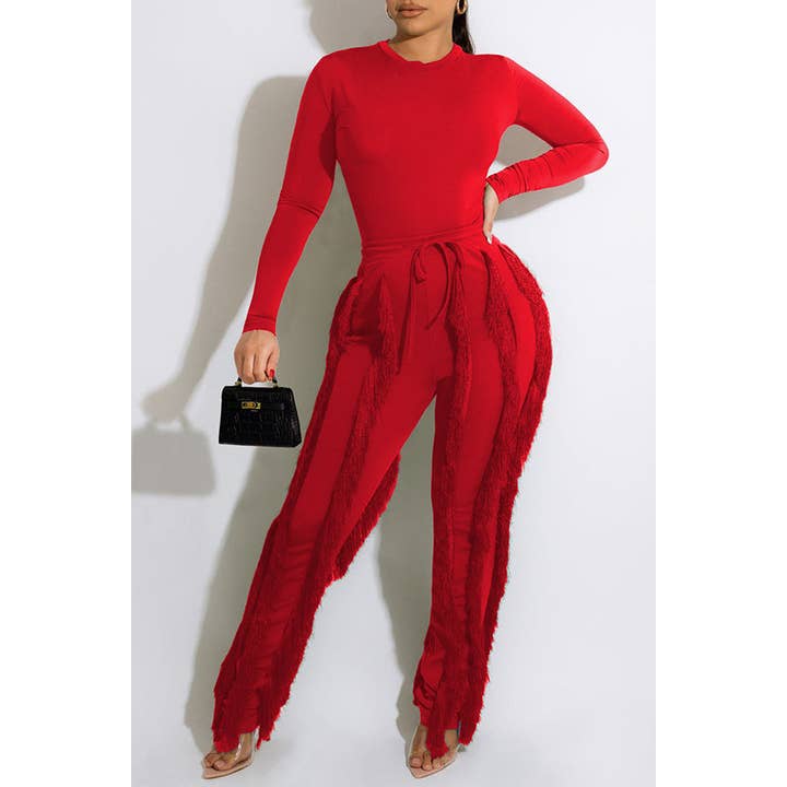 MB Fashion Wholesale - Wholesale Top & Pant Set (NOT Loungewear) - Women's - MB FASHION Long-Sleeve Fringe Top and Pants Set 223LY9