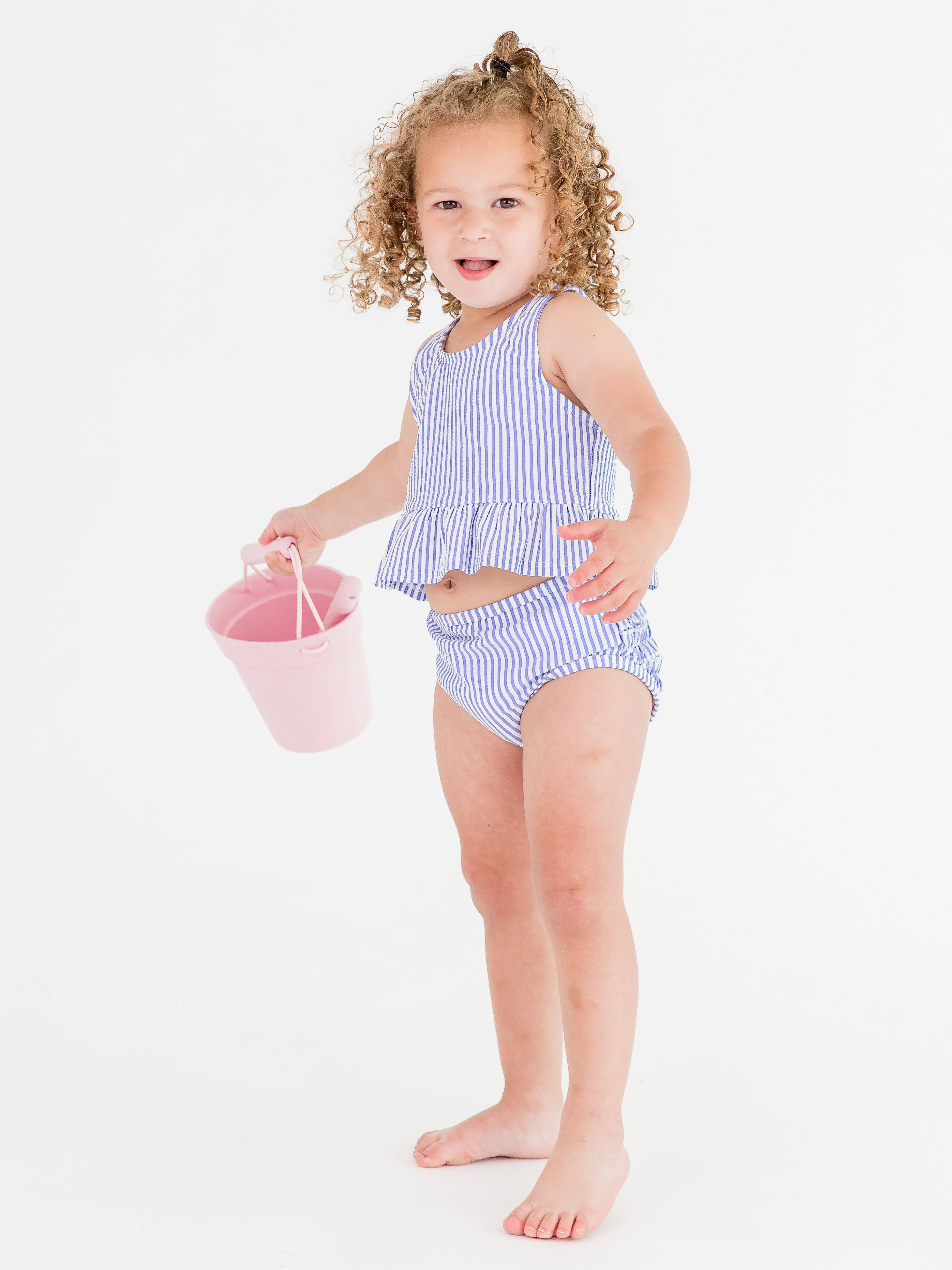 RuffleButts + RuggedButts – wholesale Two-piece swimsuit – Kids – Girls Periwinkle Blue Seersucker Peplum Tankini 2-Piece Swimsuit with Signature Rear Ruffles3