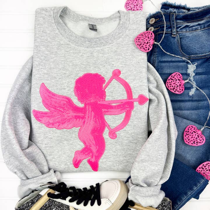 Roze Gildan-sweatshirt met Cupido en pailletten voor wholesale door Nikkilynn Wholesale