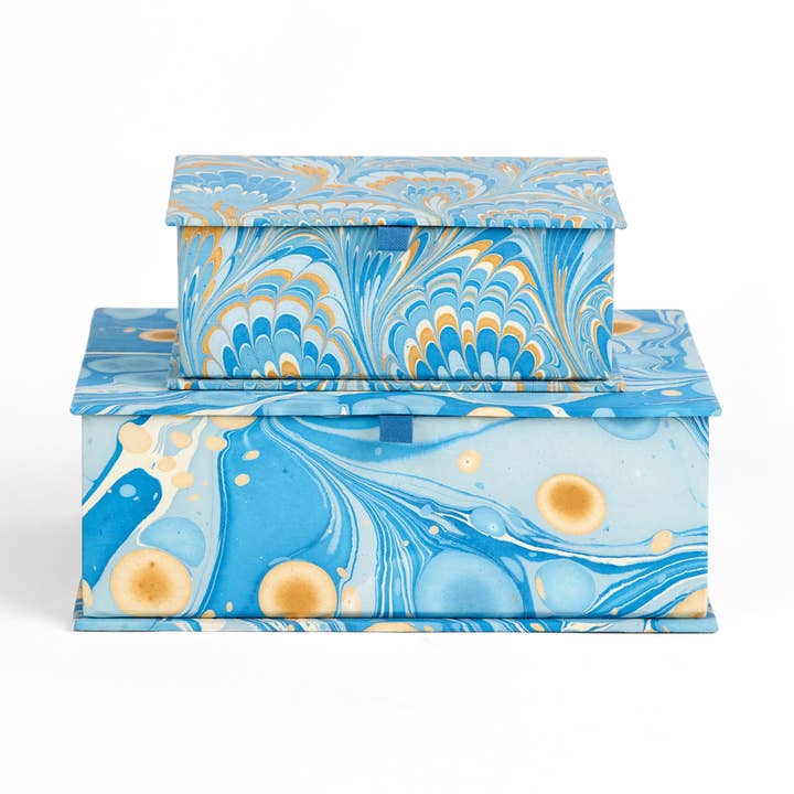 MARBLED KEEPSAKE BOX SET - BLUE GOLDEN PEACOCK AND PEBBLE for wholesale by Craft Boat