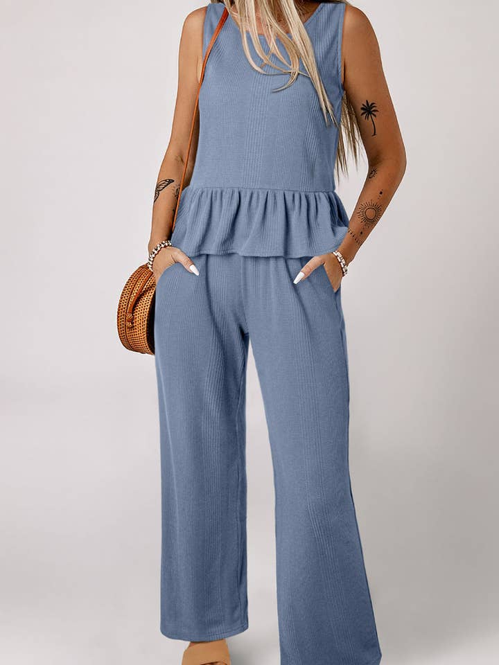 Beau Blue Solid Color Ribbed Ruffle Tank Top and Pants Set for wholesale on Faire5