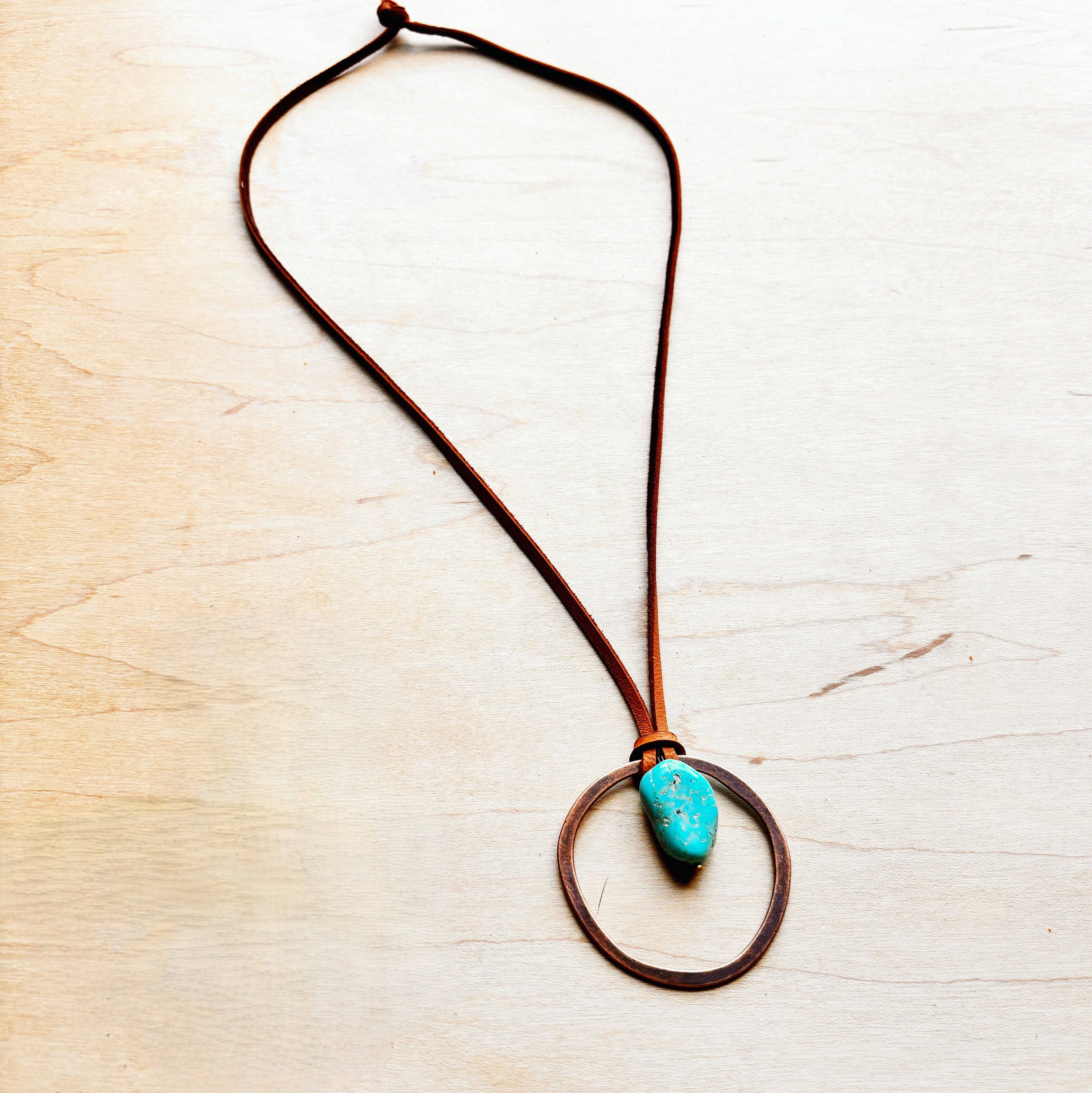 The Jewelry Junkie - Wholesale Pendant/Charm Necklace - Leather Cord Necklace Antique Gold Hoop & Natural Turquoise  254v3