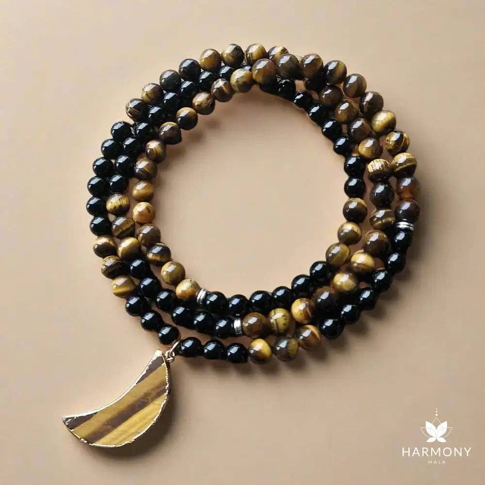 Harmony Mala – wholesale Beaded/pearl necklace – Black Onyx and Tiger Eye Moon Pendant Mala Bead Necklace 3
