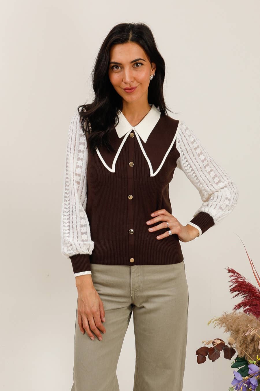 DIX-ONZE - Vendita all'ingrosso Cardigan - Donna - Cardigan con Colletto Claudine a Contrasto e Maniche in Pizzo2