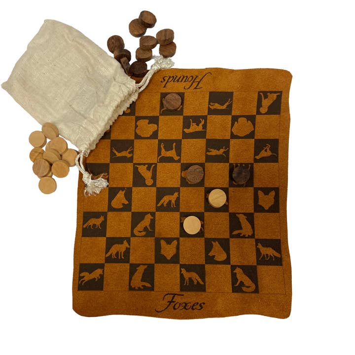 Madison Bay Co. - Historical Home Decor Reproductions - Wholesale Board Game - Fox and Hounds Leather Checker Board with Checkers, 9-1/2”