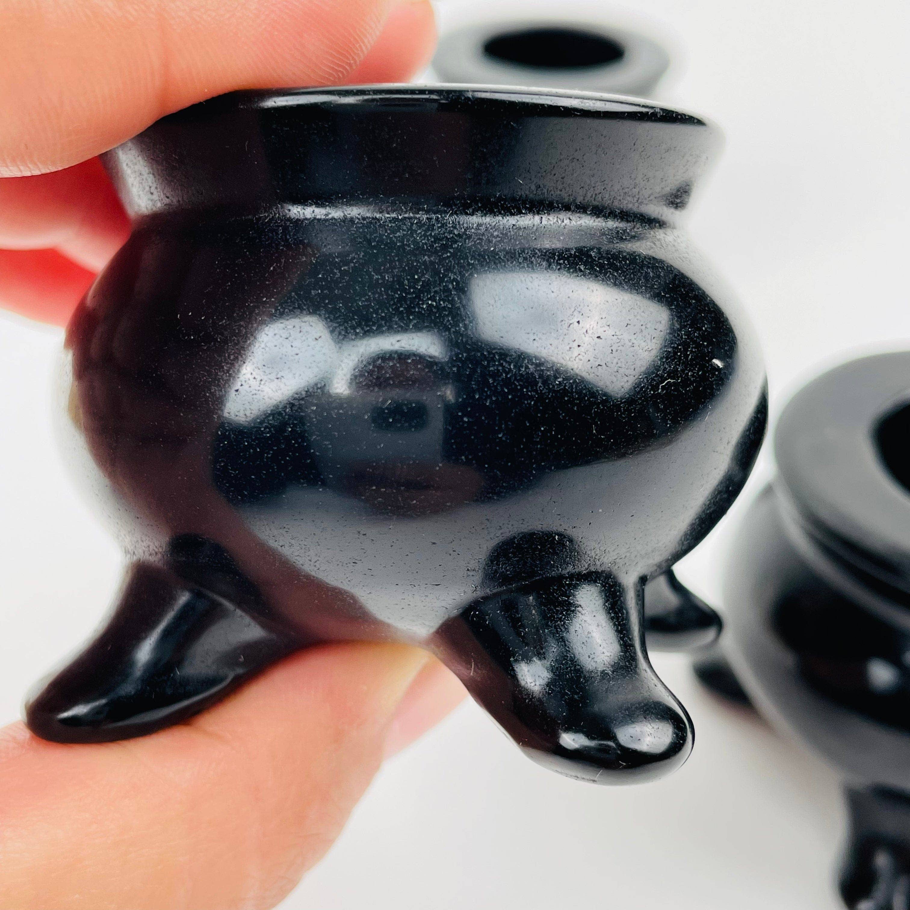 Rock Paradise - Wholesale Decorative Tabletop Object - Black Obsidian Cauldron Crystal Sphere Holder - Halloween1