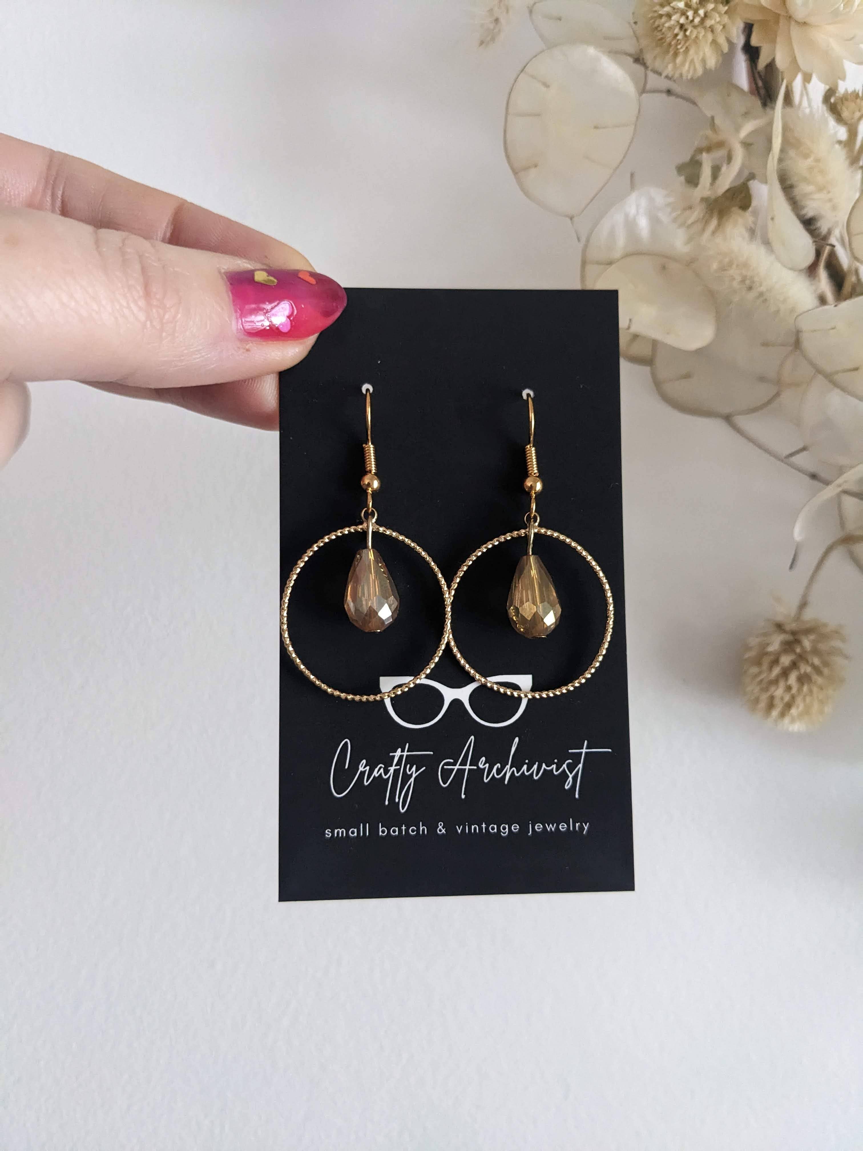 Crafty Archivist - Wholesale Dangle Earrings - Sparkly Vintage Peach Fuzz Teardrop in Gold Circle Earrings1