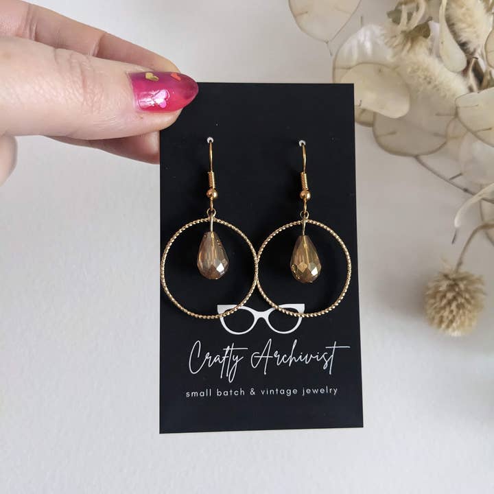 Crafty Archivist - Wholesale Dangle Earrings - Sparkly Vintage Peach Fuzz Teardrop in Gold Circle Earrings1