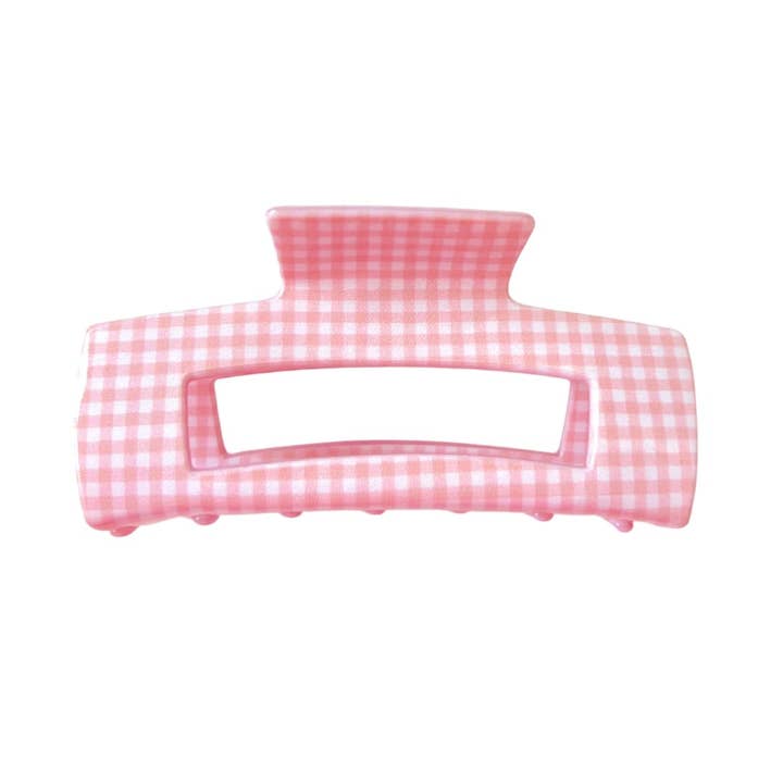 SQUARE PRINTED CLAW CLIP - PINK GINGHAM for wholesale by Beyond Scrunchies